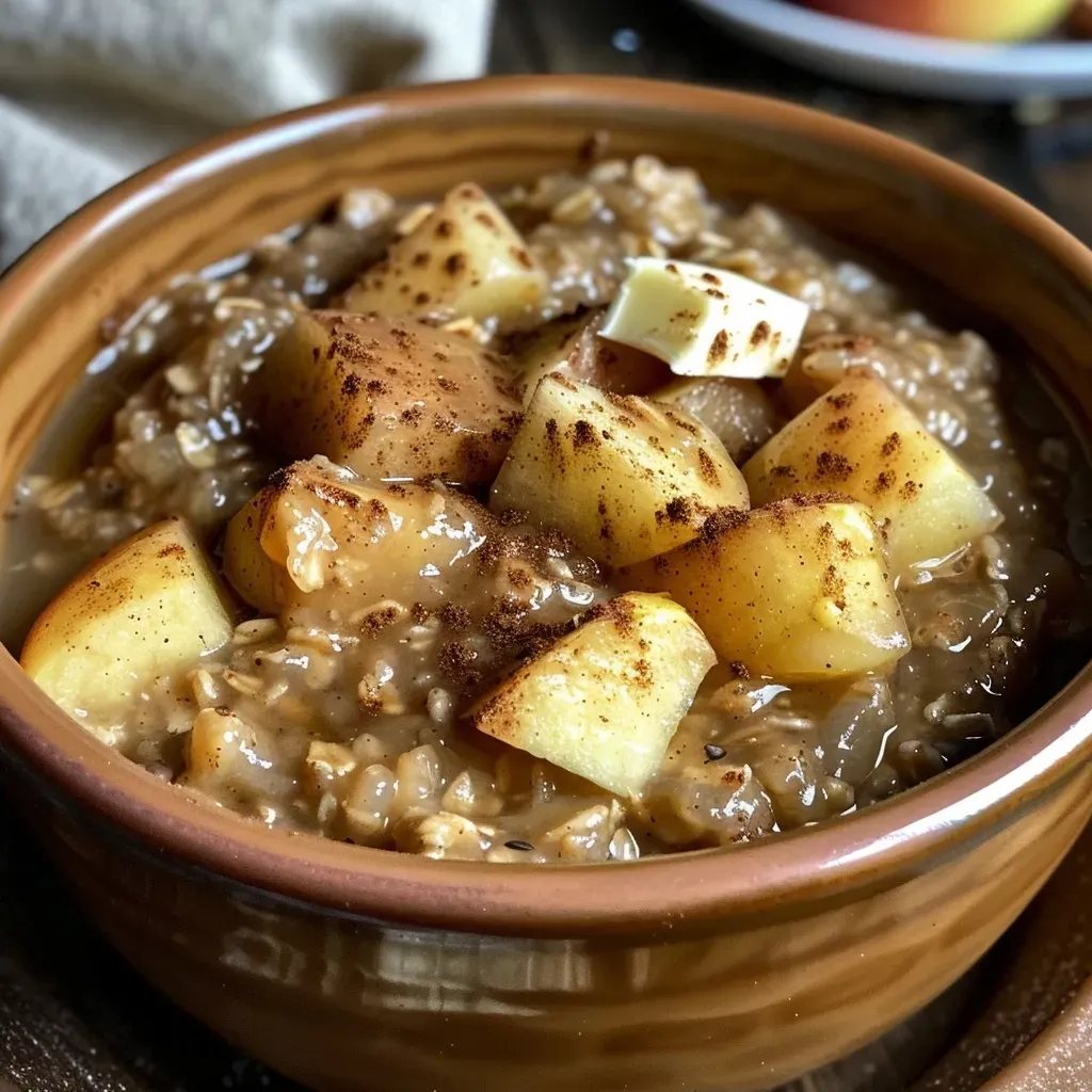 ['Close-up view of creamy Crockpot Apple Cinnamon Oatmeal topped with apple slices and cinnamon.', 'Delicious Crockpot Apple Cinnamon Oatmeal with visible apple chunks and a sprinkle of cinnamon.', 'Side view of warm, inviting Crockpot Apple Cinnamon Oatmeal filled with apples and cranberries.', 'Rich and hearty Crockpot Apple Cinnamon Oatmeal in a bowl, showcasing its textured ingredients.']