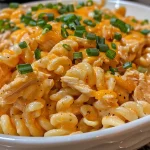 ['A close-up side view of creamy Buffalo Chicken Mac and Cheese with visible shredded chicken and cheese.', 'Hearty serving of Buffalo Chicken Mac and Cheese in a bowl, topped with green onions and melted cheese.', 'Rich and creamy Buffalo Chicken Mac and Cheese with bits of shredded chicken and pasta, ready to eat.', 'Delicious Crockpot Buffalo Chicken Mac and Cheese, showcasing colorful layers of cheese and pasta.']