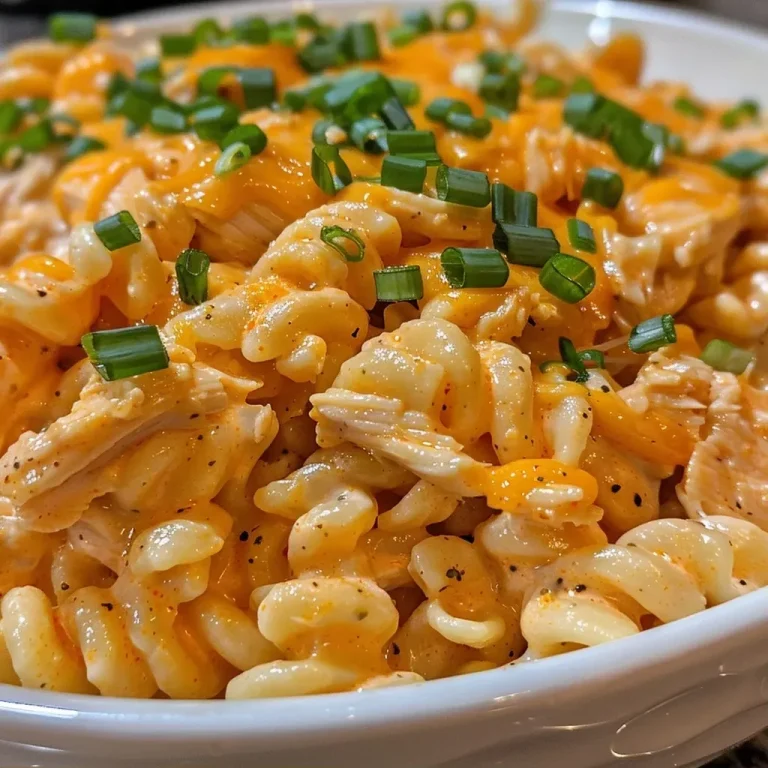 ['A close-up side view of creamy Buffalo Chicken Mac and Cheese with visible shredded chicken and cheese.', 'Hearty serving of Buffalo Chicken Mac and Cheese in a bowl, topped with green onions and melted cheese.', 'Rich and creamy Buffalo Chicken Mac and Cheese with bits of shredded chicken and pasta, ready to eat.', 'Delicious Crockpot Buffalo Chicken Mac and Cheese, showcasing colorful layers of cheese and pasta.']