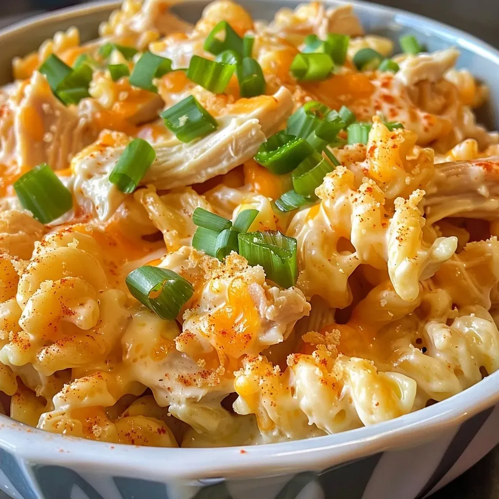 ['A close-up side view of creamy Buffalo Chicken Mac and Cheese with visible shredded chicken and cheese.', 'Hearty serving of Buffalo Chicken Mac and Cheese in a bowl, topped with green onions and melted cheese.', 'Rich and creamy Buffalo Chicken Mac and Cheese with bits of shredded chicken and pasta, ready to eat.', 'Delicious Crockpot Buffalo Chicken Mac and Cheese, showcasing colorful layers of cheese and pasta.']