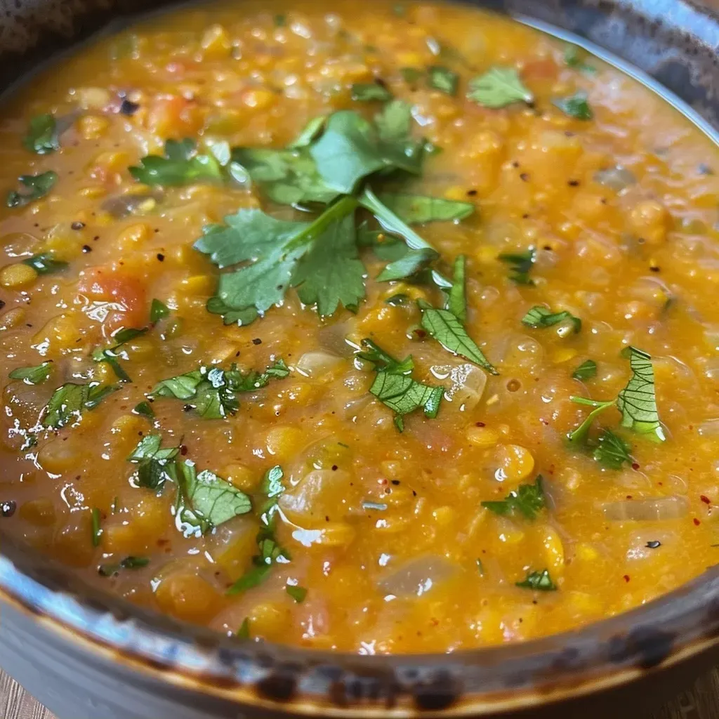 ['A close-up view of a bowl of Curry Lentil Soup with vibrant colors and fresh ingredients.', 'Side view of a steaming bowl of Curry Lentil Soup, showing its rich texture and spices.', 'Detailed shot of Curry Lentil Soup in a bowl, highlighting the lentils and coconut milk.', 'Appetizing Curry Lentil Soup in a bowl, garnished with herbs and spices.']