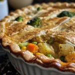 ['Close-up view of a golden-brown dairy-free veggie pot pie with a flaky crust.', 'Side profile of a steaming dairy-free veggie pot pie filled with colorful vegetables.', 'Juicy dairy-free veggie pot pie with visible chunks of butternut squash and broccoli.', 'Delicious-looking dairy-free pot pie showcasing a crispy top crust and vibrant veggie filling.']
