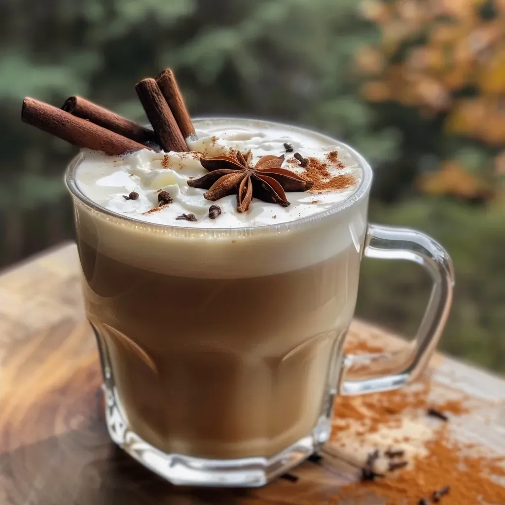 ['A close-up view of a Dirty Chai Latte with a cinnamon stick and star anise garnish.', 'A delicious Dirty Chai Latte served in a glass, featuring spices and garnishes on top.', 'Side view of a frothy Dirty Chai Latte with visible layers of milk and espresso.', 'A warm Dirty Chai Latte in a cup, surrounded by chai ingredients and garnishes.']