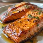 ['Close-up side view of juicy double-glazed salmon fillets topped with ginger and apple cider glaze.', 'A beautifully cooked piece of double-glazed salmon with a golden glaze, garnished with herbs.', 'Side view of succulent double-glazed salmon fillets with a shiny, caramelized surface and fresh herbs.', 'Close-up shot of salmon fillets displaying a glistening ginger-apple cider glaze.']