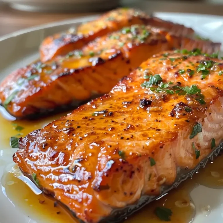 ['Close-up side view of juicy double-glazed salmon fillets topped with ginger and apple cider glaze.', 'A beautifully cooked piece of double-glazed salmon with a golden glaze, garnished with herbs.', 'Side view of succulent double-glazed salmon fillets with a shiny, caramelized surface and fresh herbs.', 'Close-up shot of salmon fillets displaying a glistening ginger-apple cider glaze.']