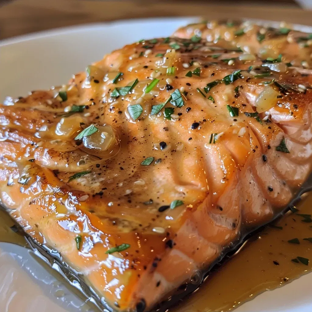 ['Close-up side view of juicy double-glazed salmon fillets topped with ginger and apple cider glaze.', 'A beautifully cooked piece of double-glazed salmon with a golden glaze, garnished with herbs.', 'Side view of succulent double-glazed salmon fillets with a shiny, caramelized surface and fresh herbs.', 'Close-up shot of salmon fillets displaying a glistening ginger-apple cider glaze.']