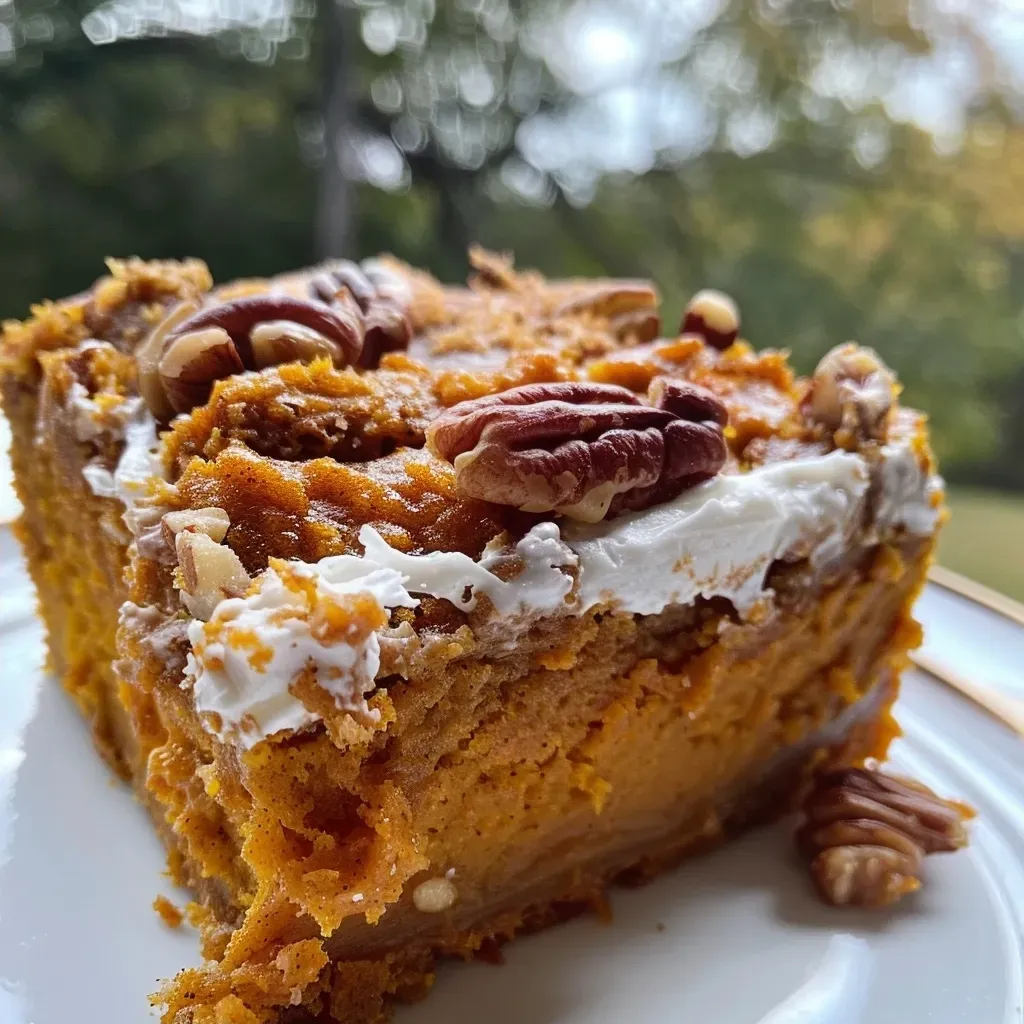 ['Close-up of a juicy pumpkin dump cake, highlighting the texture and toppings.', 'Side view of a deliciously layered pumpkin dump cake with a golden crust.', 'A tempting slice of pumpkin dump cake, featuring a moist and rich appearance.', 'Close-up of a slice of spice cake mix pumpkin dump cake, garnished with chopped pecans.']
