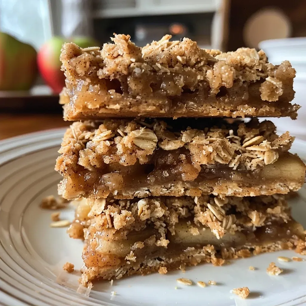 Close-up of Easy Apple Crisp Bars, showcasing layers of oats and apples.