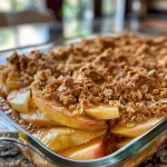 ['Close-up view of a warm apple crisp with a golden topping and chunks of apple visible.', 'Side angle of homemade Easy Apple Crisp, showcasing the oat topping and baked apples.', 'Delicious apple crisp dessert displayed in a baking dish, highlighting its crunchy texture.', 'Juicy apple crisp served in a rustic dish, topped with an appealing brown sugar crust.']