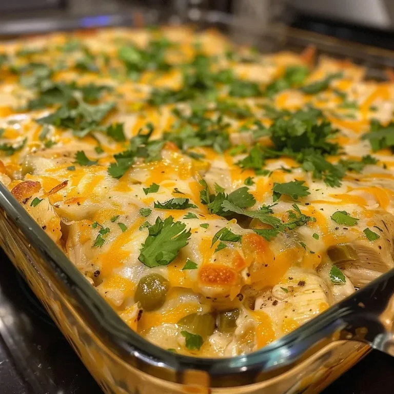 ['A close-up side view of a chicken casserole with melted cheese and green chiles.', 'Juicy Easy Chicken Casserole featuring green chiles, topped with golden cheese.', 'Sliced portion of chicken casserole, showcasing creamy texture and vibrant green chiles.', 'Side view of a cheesy chicken casserole dish, highlighting the ingredients and texture.']