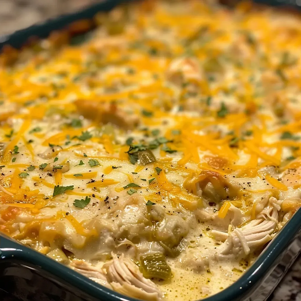 ['A close-up side view of a chicken casserole with melted cheese and green chiles.', 'Juicy Easy Chicken Casserole featuring green chiles, topped with golden cheese.', 'Sliced portion of chicken casserole, showcasing creamy texture and vibrant green chiles.', 'Side view of a cheesy chicken casserole dish, highlighting the ingredients and texture.']