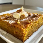['Close-up side view of a moist pumpkin cake with cream cheese frosting and nuts on top.', 'Slice of pumpkin cake showcasing layers of cake and frosting, topped with chopped walnuts.', 'Delicious pumpkin cake with a rich cream cheese topping and a sprinkle of cinnamon.', 'Side view of a beautifully decorated pumpkin cake, highlighting its texture and frosting.']