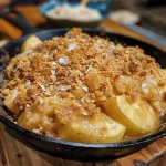 ['Close-up of a skillet filled with golden brown apple crisp topped with walnuts and shredded coconut.', 'Side view of a delicious apple crisp in a skillet, showcasing juicy apples and a crunchy topping.', 'A vibrant apple crisp in a skillet, with visible apple slices and a sprinkling of cinnamon on top.', 'Juicy Easy Skillet Apple Crisp in a cast iron skillet, with a golden crust and fresh apple pieces.']