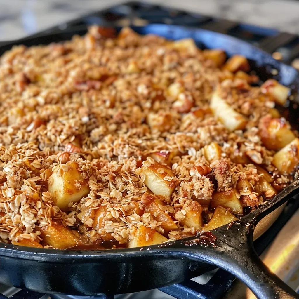 ['Close-up of a skillet filled with golden brown apple crisp topped with walnuts and shredded coconut.', 'Side view of a delicious apple crisp in a skillet, showcasing juicy apples and a crunchy topping.', 'A vibrant apple crisp in a skillet, with visible apple slices and a sprinkling of cinnamon on top.', 'Juicy Easy Skillet Apple Crisp in a cast iron skillet, with a golden crust and fresh apple pieces.']