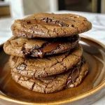 ['Close-up of a freshly baked espresso chocolate chip cookie with a glossy surface and melted chocolate chunks.', 'Side view of golden-brown espresso chocolate chip cookies, showcasing their chewy texture and rich color.', 'Delicious espresso chocolate chip cookies arranged on a plate, featuring visible chocolate chips and a soft interior.', 'Juicy espresso chocolate chip cookies with a shiny glaze, highlighting both chocolate and coffee flavors.']