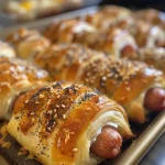['Close-up of Everything Bagel Pigs in a Blanket with a golden-brown crust.', 'Juicy turkey hot dogs wrapped in flaky dough, sprinkled with Everything Bagel seasoning.', 'Side view of freshly baked Everything Bagel Pigs in a Blanket on a wooden board.', 'Appetizing arrangement of Everything Bagel Pigs in a Blanket ready to eat.']