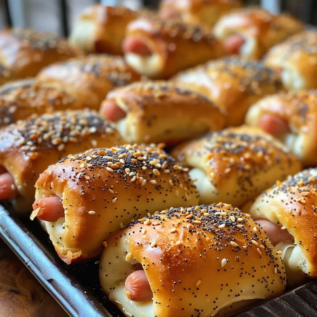 ['Close-up of Everything Bagel Pigs in a Blanket with a golden-brown crust.', 'Juicy turkey hot dogs wrapped in flaky dough, sprinkled with Everything Bagel seasoning.', 'Side view of freshly baked Everything Bagel Pigs in a Blanket on a wooden board.', 'Appetizing arrangement of Everything Bagel Pigs in a Blanket ready to eat.']
