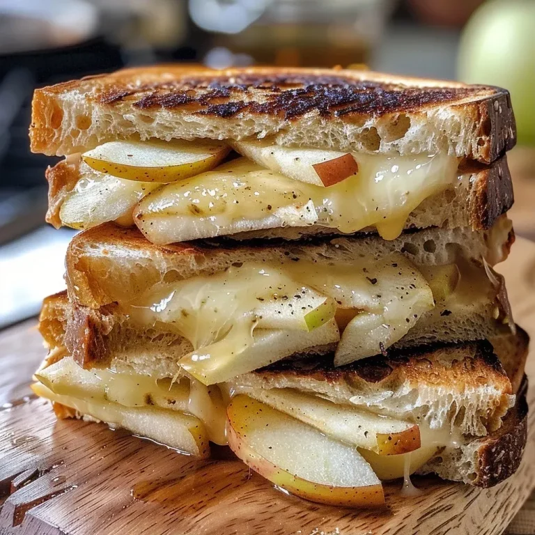['A side view of a Fall Apple Cheddar Grilled Cheese sandwich with visible apple slices and melted cheese.', 'Close-up of a grilled cheese sandwich featuring sliced apples and cheddar cheese, with a golden-brown crust.', 'Juicy Fall Apple Cheddar Grilled Cheese showing layers of cheese and thinly sliced apples on toasted bread.', 'Delicious side view of a grilled cheese sandwich filled with cheddar cheese and honey crisp apple slices.']