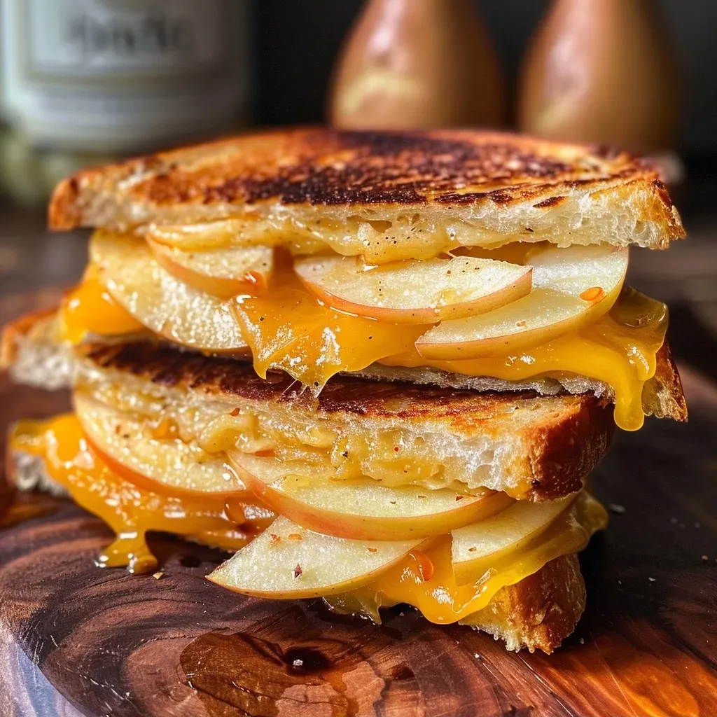 ['A side view of a Fall Apple Cheddar Grilled Cheese sandwich with visible apple slices and melted cheese.', 'Close-up of a grilled cheese sandwich featuring sliced apples and cheddar cheese, with a golden-brown crust.', 'Juicy Fall Apple Cheddar Grilled Cheese showing layers of cheese and thinly sliced apples on toasted bread.', 'Delicious side view of a grilled cheese sandwich filled with cheddar cheese and honey crisp apple slices.']