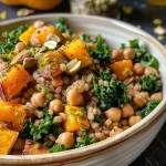 ['Close-up of a Fall Farro Grain Bowl filled with roasted vegetables and crispy cheese.', 'Side view of a vibrant Fall Farro Grain Bowl showcasing colorful roasted butternut squash and kale.', 'Detailed shot of a hearty Fall Farro Grain Bowl with chickpeas, shallots, and pistachios.', 'Close-up image of a delicious Fall Farro Grain Bowl topped with crispy bread cheese and garnished with lemon zest.']