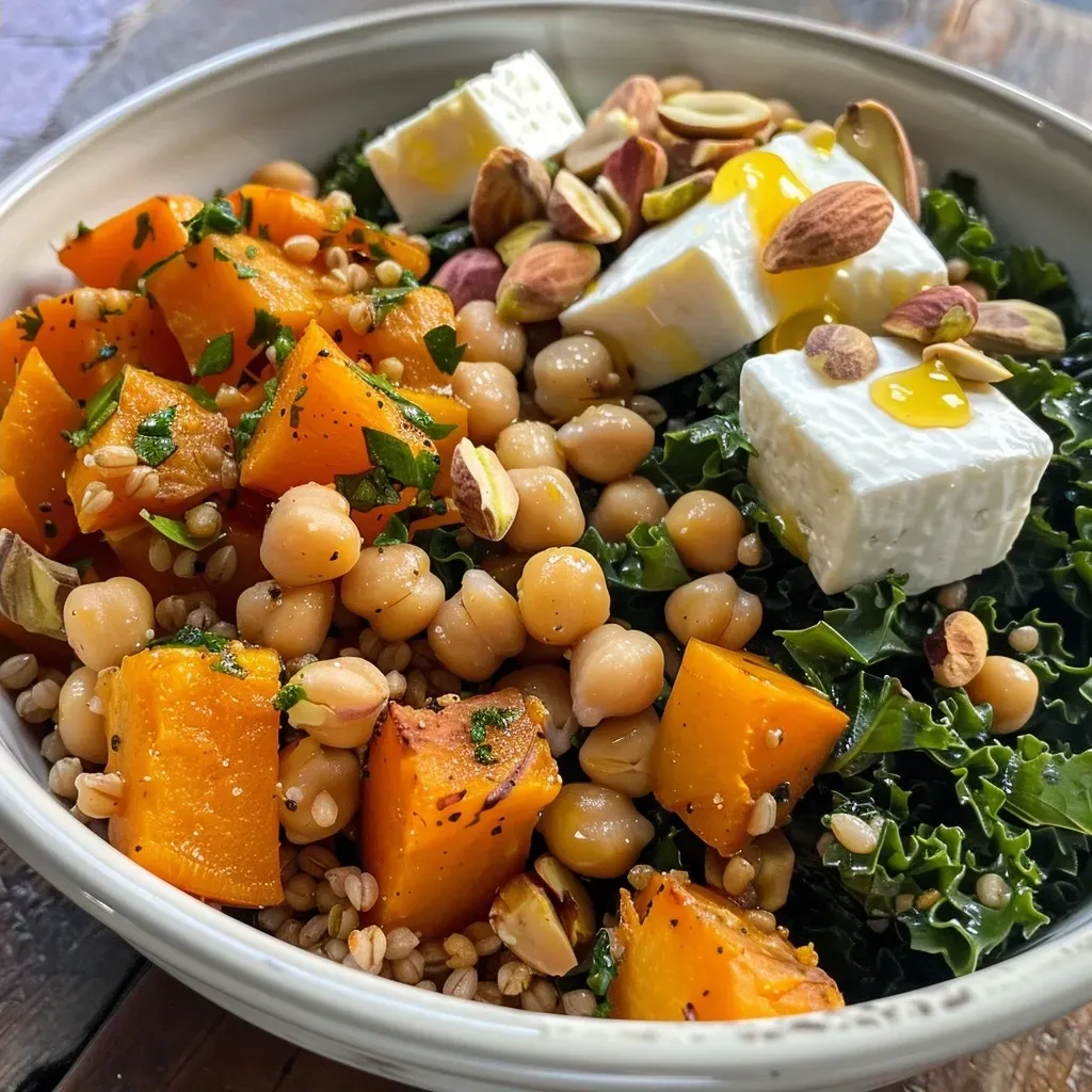 ['Close-up of a Fall Farro Grain Bowl filled with roasted vegetables and crispy cheese.', 'Side view of a vibrant Fall Farro Grain Bowl showcasing colorful roasted butternut squash and kale.', 'Detailed shot of a hearty Fall Farro Grain Bowl with chickpeas, shallots, and pistachios.', 'Close-up image of a delicious Fall Farro Grain Bowl topped with crispy bread cheese and garnished with lemon zest.']