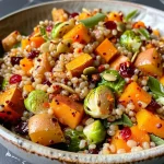 ['Close-up view of a colorful Fall Harvest Grain Salad with various vegetables and grains.', 'A vibrant bowl of Fall Harvest Grain Salad featuring barley, squash, and Brussels sprouts.', 'Side view of a nourishing grain salad with diced vegetables and pumpkin seeds on display.', 'Juicy Fall Harvest Grain Salad showcasing a mix of grains and seasonal vegetables.']
