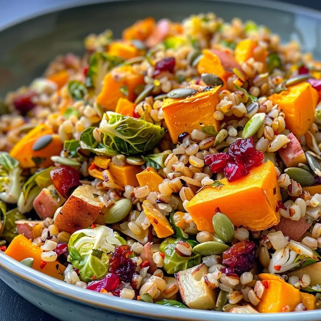['Close-up view of a colorful Fall Harvest Grain Salad with various vegetables and grains.', 'A vibrant bowl of Fall Harvest Grain Salad featuring barley, squash, and Brussels sprouts.', 'Side view of a nourishing grain salad with diced vegetables and pumpkin seeds on display.', 'Juicy Fall Harvest Grain Salad showcasing a mix of grains and seasonal vegetables.']