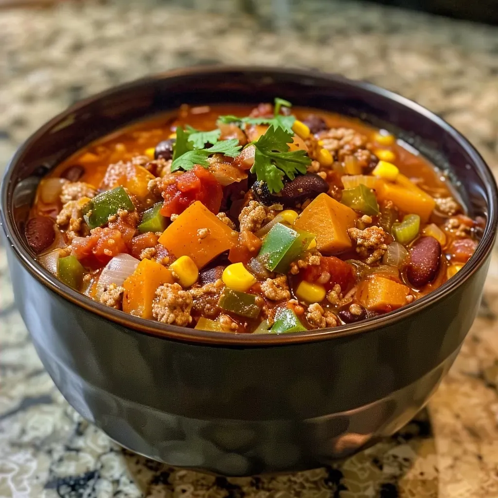 ['A close-up view of a bowl of Fall Harvest Ground Turkey Chili, showcasing its colorful ingredients and texture.', 'A side view of hearty Fall Harvest Ground Turkey Chili filled with ground turkey, beans, and vegetables in a bowl.', 'An image highlighting a delicious bowl of Fall Harvest Ground Turkey Chili, steam rising from the rich mixture of ingredients.', 'A vibrant display of Fall Harvest Ground Turkey Chili emphasizing the chunky ingredients and appetizing color.']