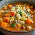 ['Close-up side view of a bowl of Fall Harvest Minestrone Soup brimming with colorful vegetables.', 'A vibrant bowl of Fall Harvest Minestrone Soup with chunks of butternut squash and kale visible.', 'Detailed view of a comforting Fall Harvest Minestrone Soup, featuring slices of carrots and parsnips.', 'Close-up presentation of Fall Harvest Minestrone Soup highlighting its rich, chunky texture and fresh ingredients.']