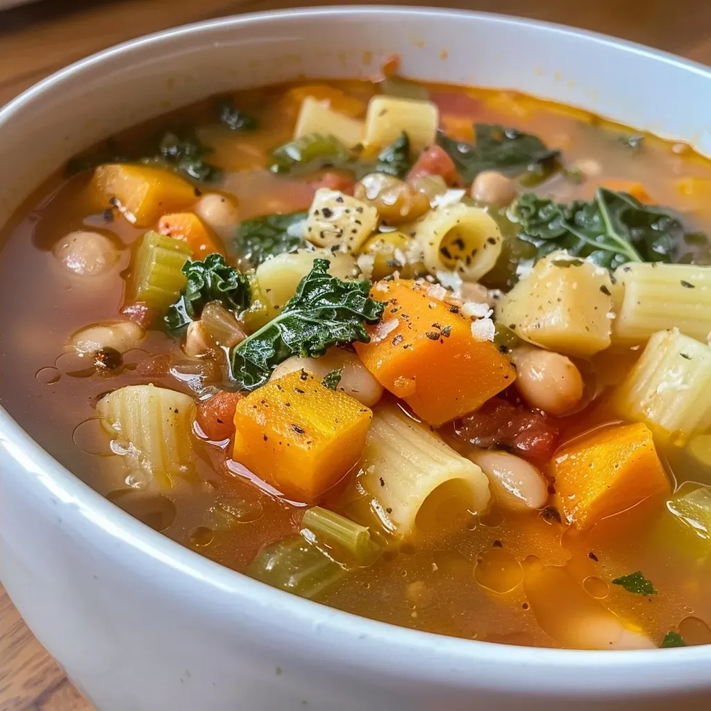 ['Close-up side view of a bowl of Fall Harvest Minestrone Soup brimming with colorful vegetables.', 'A vibrant bowl of Fall Harvest Minestrone Soup with chunks of butternut squash and kale visible.', 'Detailed view of a comforting Fall Harvest Minestrone Soup, featuring slices of carrots and parsnips.', 'Close-up presentation of Fall Harvest Minestrone Soup highlighting its rich, chunky texture and fresh ingredients.']