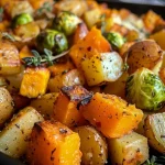 ['Close-up view of roasted butternut squash, brussels sprouts, and baby potatoes.', 'Colorful assortment of fall vegetables including squash, brussels sprouts, and potatoes.', 'A side view of caramelized fall vegetables on a serving platter.', 'Freshly roasted butternut squash and sprouts with herbs, captured in natural light.']