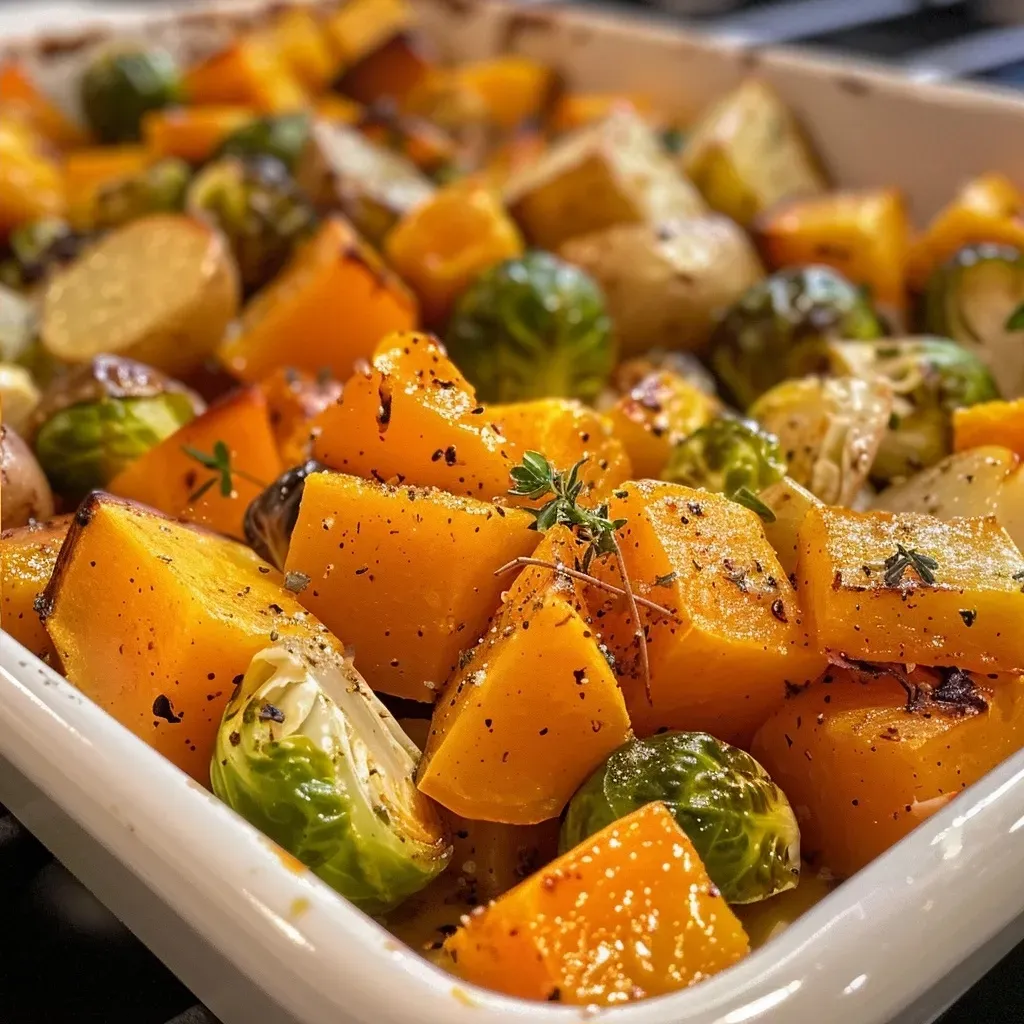 ['Close-up view of roasted butternut squash, brussels sprouts, and baby potatoes.', 'Colorful assortment of fall vegetables including squash, brussels sprouts, and potatoes.', 'A side view of caramelized fall vegetables on a serving platter.', 'Freshly roasted butternut squash and sprouts with herbs, captured in natural light.']