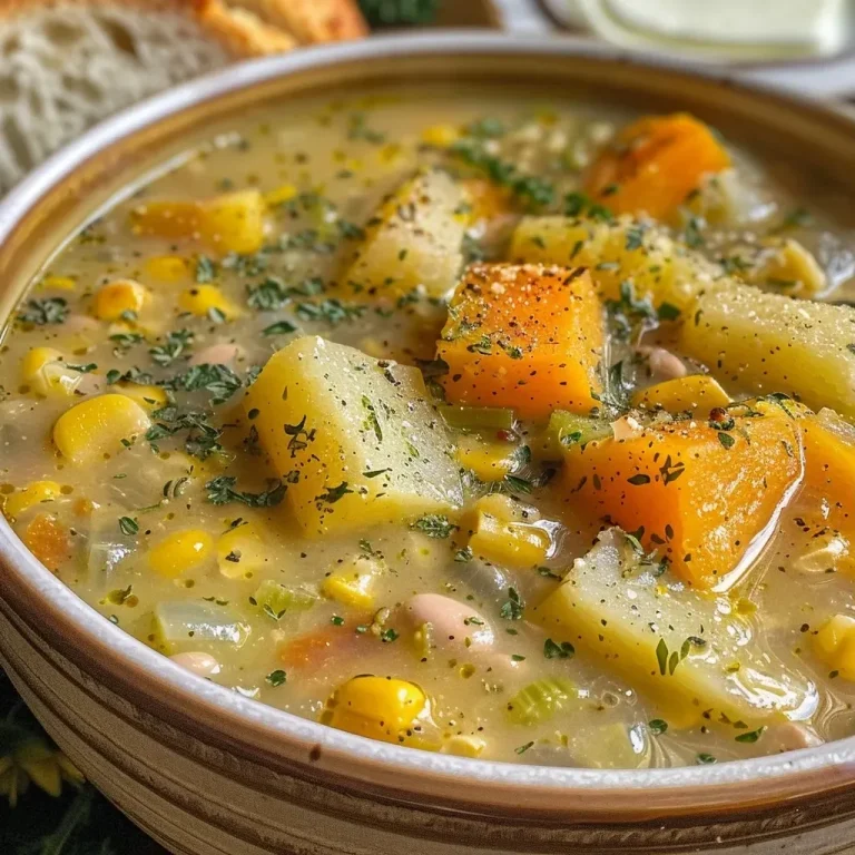 ['Close-up view of a bowl of creamy corn and butternut chowder topped with herbs.', 'Side view of hearty vegetarian corn chowder with a swirl of cream and fresh herbs.', 'Delicious butternut squash and corn chowder served in a rustic bowl alongside toasted ciabatta.', 'Creamy and colorful fall chowder featuring corn and butternut squash, garnished with sage.']