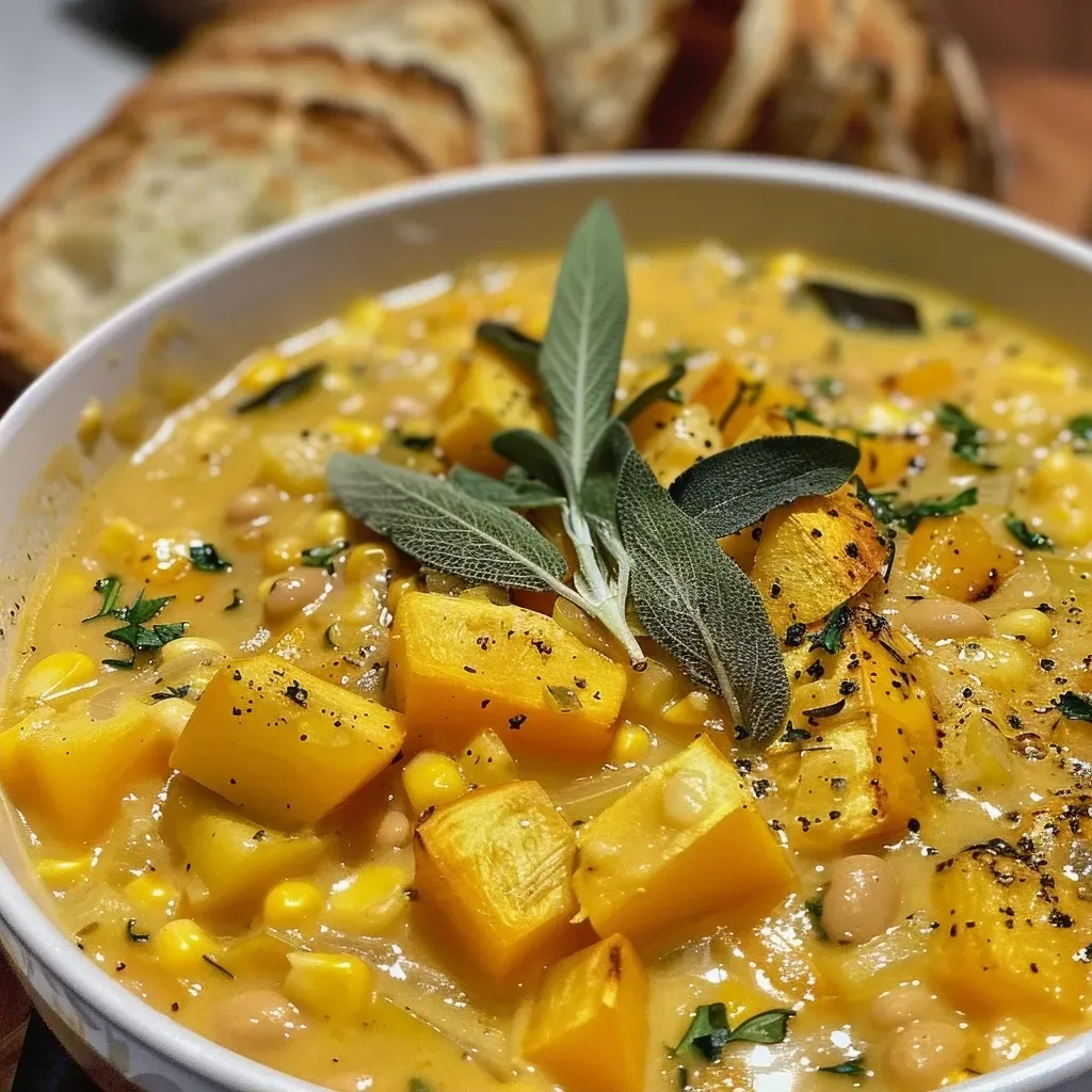 ['Close-up view of a bowl of creamy corn and butternut chowder topped with herbs.', 'Side view of hearty vegetarian corn chowder with a swirl of cream and fresh herbs.', 'Delicious butternut squash and corn chowder served in a rustic bowl alongside toasted ciabatta.', 'Creamy and colorful fall chowder featuring corn and butternut squash, garnished with sage.']