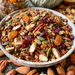 ['Close-up view of a colorful pumpkin spice trail mix featuring nuts and dried fruits.', 'Side view of a bowl filled with Fall Pumpkin Spice Trail Mix on a rustic wooden table.', 'A vibrant assortment of nuts and dried fruit in a gourmet pumpkin spice trail mix.', 'Delicious trail mix with pecans, cranberries, and pumpkin spice, captured in vivid detail.']
