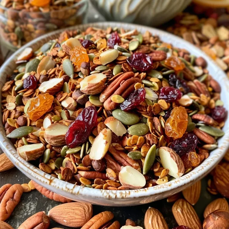 ['Close-up view of a colorful pumpkin spice trail mix featuring nuts and dried fruits.', 'Side view of a bowl filled with Fall Pumpkin Spice Trail Mix on a rustic wooden table.', 'A vibrant assortment of nuts and dried fruit in a gourmet pumpkin spice trail mix.', 'Delicious trail mix with pecans, cranberries, and pumpkin spice, captured in vivid detail.']