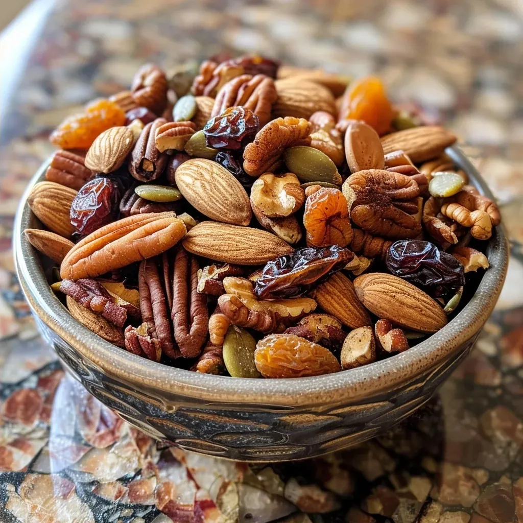 ['Close-up view of a colorful pumpkin spice trail mix featuring nuts and dried fruits.', 'Side view of a bowl filled with Fall Pumpkin Spice Trail Mix on a rustic wooden table.', 'A vibrant assortment of nuts and dried fruit in a gourmet pumpkin spice trail mix.', 'Delicious trail mix with pecans, cranberries, and pumpkin spice, captured in vivid detail.']