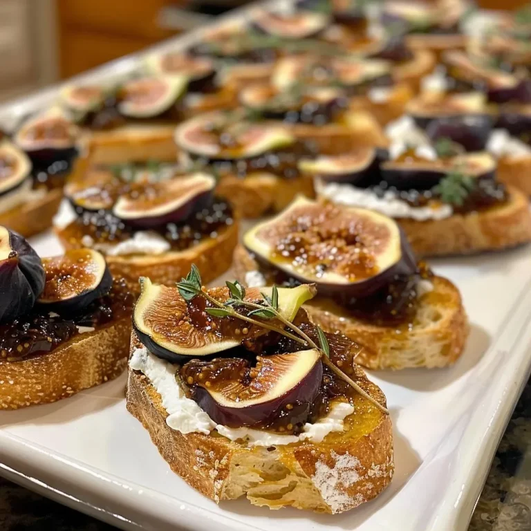 ['Close-up view of Fig Jam Goat Cheese Crostini topped with fresh thyme.', 'Side angle of crostini with goat cheese and fig jam garnished with figs.', 'Delicious Fig Jam Goat Cheese Crostini on a wooden serving board.', 'Appetizing display of crostini with melted goat cheese and fig jam.']