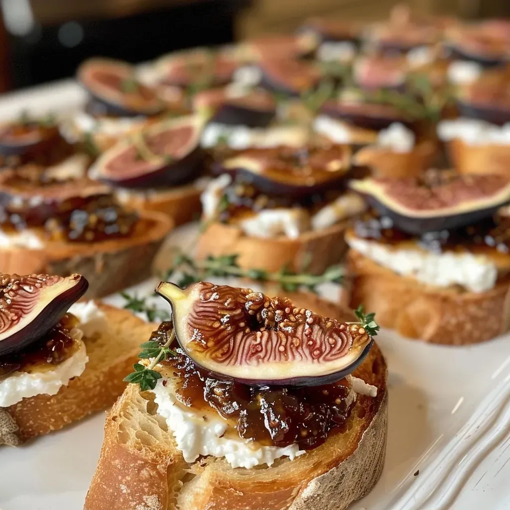 ['Close-up view of Fig Jam Goat Cheese Crostini topped with fresh thyme.', 'Side angle of crostini with goat cheese and fig jam garnished with figs.', 'Delicious Fig Jam Goat Cheese Crostini on a wooden serving board.', 'Appetizing display of crostini with melted goat cheese and fig jam.']