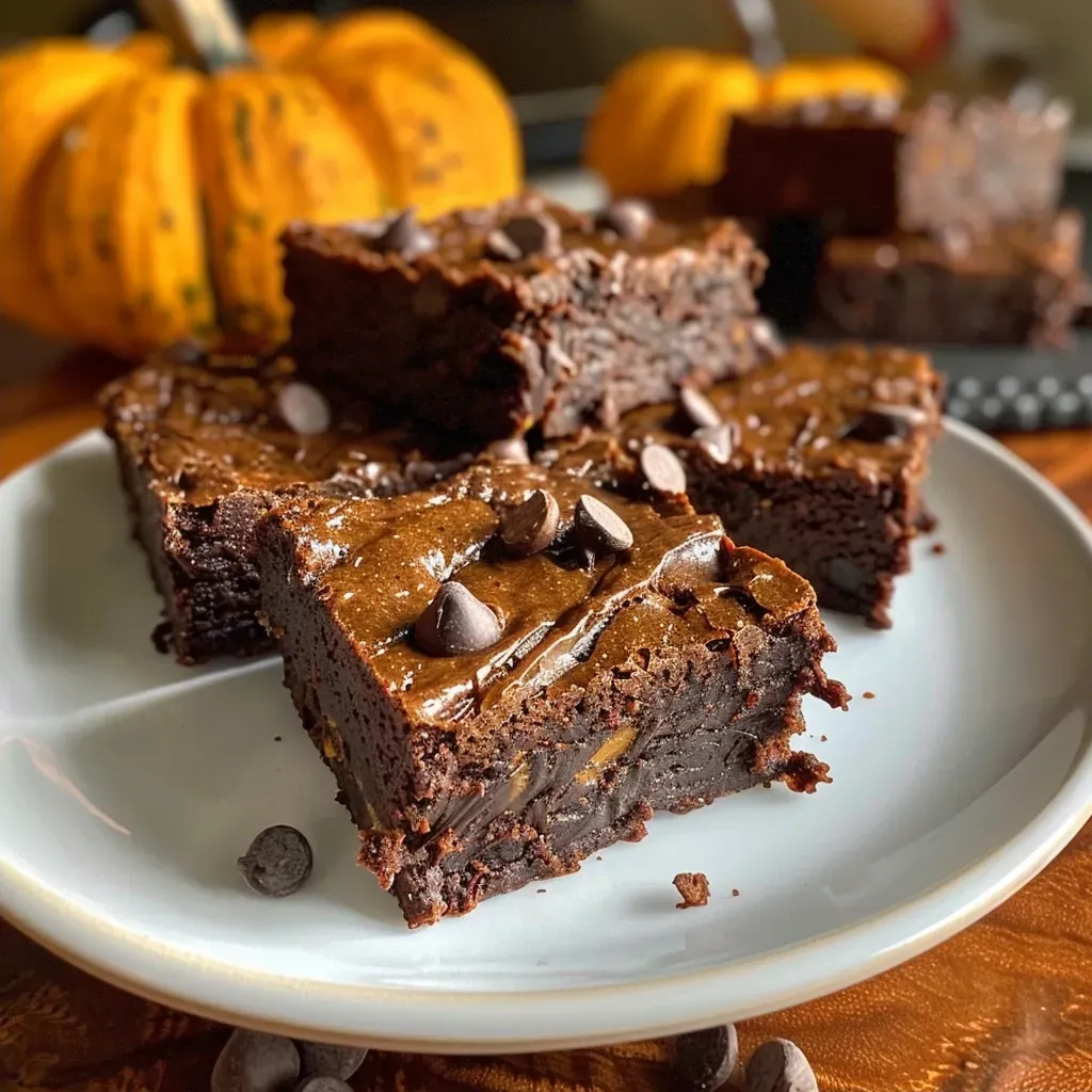 ['Close-up side view of a moist, flourless pumpkin brownie with a rich chocolate color.', 'A delicious slice of flourless pumpkin brownie, showcasing its dense texture and glossy top.', 'Side view of pumpkin brownie displaying a fudgy interior and a sprinkle of chocolate chips.', 'Tasty flourless pumpkin brownie in a close-up view, highlighting its soft, dark surface.']