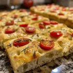 ['Close-up view of a golden-brown focaccia, highlighting its airy texture and herb topping.', 'Side shot of freshly baked focaccia with rosemary and garlic, glistening with olive oil.', 'Juicy focaccia bread displayed on a wooden board, showcasing its fluffy interior and crusty exterior.', 'Freshly baked focaccia with visible garlic and rosemary, captured in natural light.']