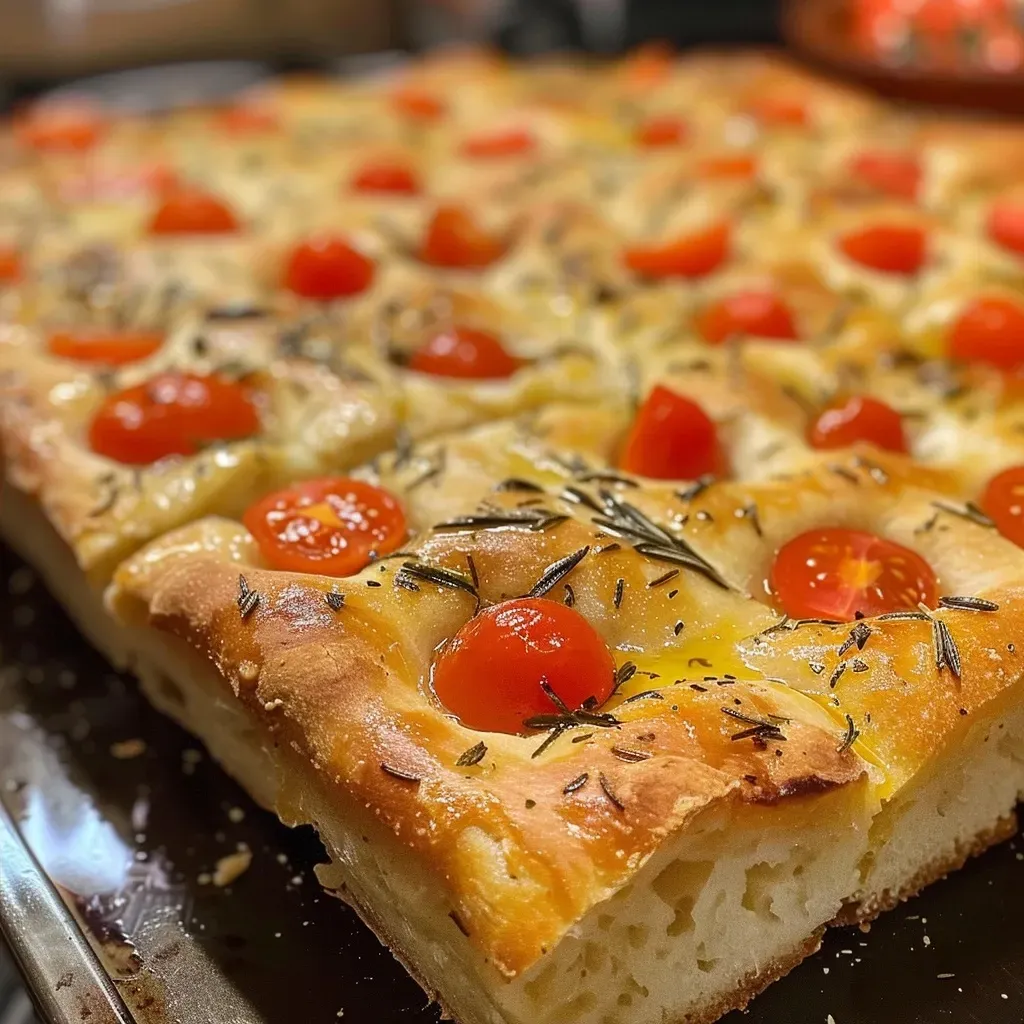 ['Close-up view of a golden-brown focaccia, highlighting its airy texture and herb topping.', 'Side shot of freshly baked focaccia with rosemary and garlic, glistening with olive oil.', 'Juicy focaccia bread displayed on a wooden board, showcasing its fluffy interior and crusty exterior.', 'Freshly baked focaccia with visible garlic and rosemary, captured in natural light.']