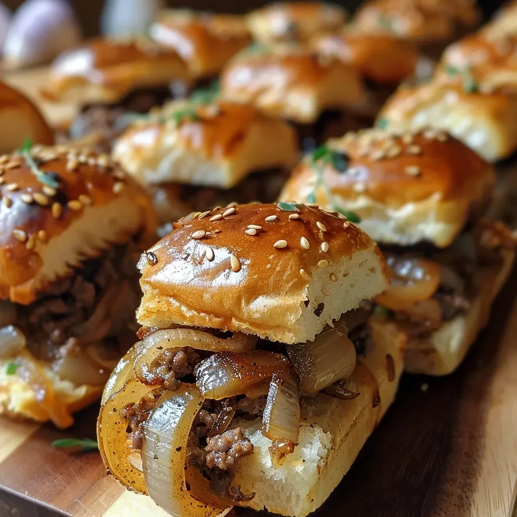 ['Close-up view of French onion beef sliders stacked on a serving platter.', 'Juicy French onion beef sliders with melted cheese and sautéed onions.', 'Side view of delicious beef sliders topped with gruyere cheese and onions.', 'A tempting arrangement of French onion beef sliders ready to serve.']