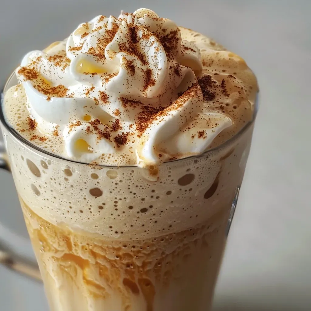 ['Close-up of a frozen vanilla chai latte in a clear glass, topped with whipped cream and a sprinkle of cinnamon.', 'Side view of a refreshing frozen vanilla chai latte, featuring ice cubes and a dollop of whipped cream.', 'Detailed shot of a delicious frozen vanilla chai latte with creamy texture and cinnamon garnish, served in a glass.', 'Elegant presentation of a frozen vanilla chai latte with frosty appearance and optional cream toppings visible.']