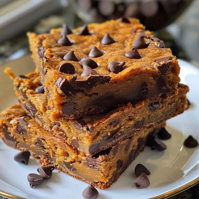 ['Close-up side view of fudgy pumpkin chocolate chip bars, showcasing chocolate chips and a moist texture.', 'Delicious pumpkin blondies featuring chocolate chips, captured in a detailed side profile.', 'Fudgy pumpkin chocolate chip bars with a rich, decadent appearance, emphasizing their soft, gooey texture.', 'Slice of pumpkin blondie dessert with melting chocolate chips, highlighting its indulgent nature.']