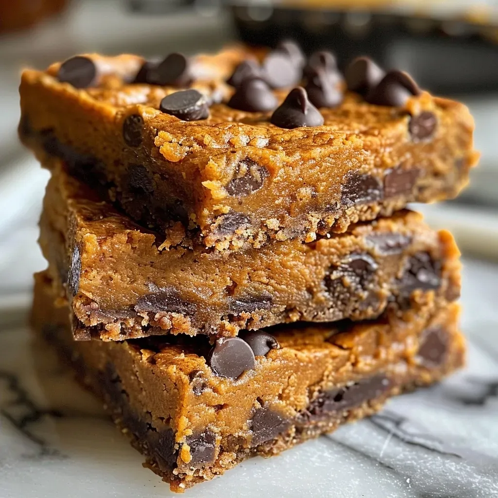 ['Close-up side view of fudgy pumpkin chocolate chip bars, showcasing chocolate chips and a moist texture.', 'Delicious pumpkin blondies featuring chocolate chips, captured in a detailed side profile.', 'Fudgy pumpkin chocolate chip bars with a rich, decadent appearance, emphasizing their soft, gooey texture.', 'Slice of pumpkin blondie dessert with melting chocolate chips, highlighting its indulgent nature.']