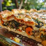 ['Close-up of a garden vegetable pie with golden crust and colorful vegetable filling.', 'Side view of a succulent vegetable pie, showcasing its flaky pastry and vibrant vegetables.', 'Juicy garden vegetable pie displayed on a rustic wooden table, highlighting its rich colors and textures.', 'Mouthwatering slice of vegetable pie with a crispy edge, emphasizing fresh ingredients inside.']