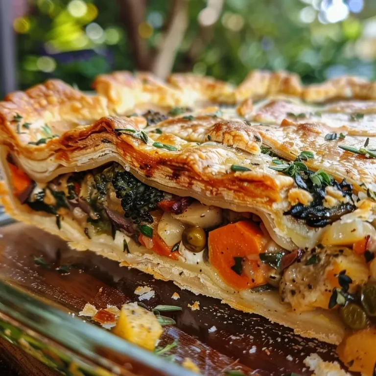 ['Close-up of a garden vegetable pie with golden crust and colorful vegetable filling.', 'Side view of a succulent vegetable pie, showcasing its flaky pastry and vibrant vegetables.', 'Juicy garden vegetable pie displayed on a rustic wooden table, highlighting its rich colors and textures.', 'Mouthwatering slice of vegetable pie with a crispy edge, emphasizing fresh ingredients inside.']