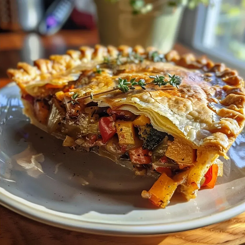['Close-up of a garden vegetable pie with golden crust and colorful vegetable filling.', 'Side view of a succulent vegetable pie, showcasing its flaky pastry and vibrant vegetables.', 'Juicy garden vegetable pie displayed on a rustic wooden table, highlighting its rich colors and textures.', 'Mouthwatering slice of vegetable pie with a crispy edge, emphasizing fresh ingredients inside.']