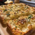['Close-up view of a crispy garlic bread focaccia with herbs.', 'Side angle of a golden-brown garlic bread focaccia, topped with parsley.', 'Detailed shot of garlic bread focaccia showcasing its buttery texture.', 'Juicy garlic bread focaccia with a sprinkle of flaky sea salt and herbs.']